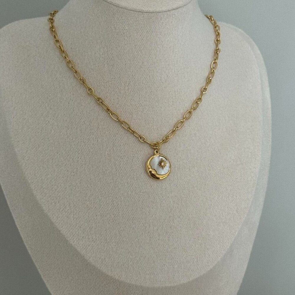 SKU0540 Gold‎ Moon stone Women Fashion Pedant Necklace Stainless steel+gift bag